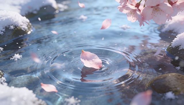 Cherry Blossom Petal Floating on Spring Thaw Pool Creating Gentle Ripples and Reflection