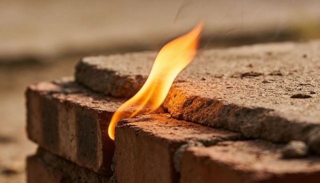 Flickering flame tracing joint in weathered red brick masonry with concrete slab