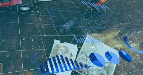 Worker analyzing construction site with digital data overlay