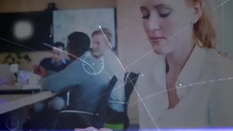 Businesswoman Using Digital Tablet with HUD Interface in Meeting