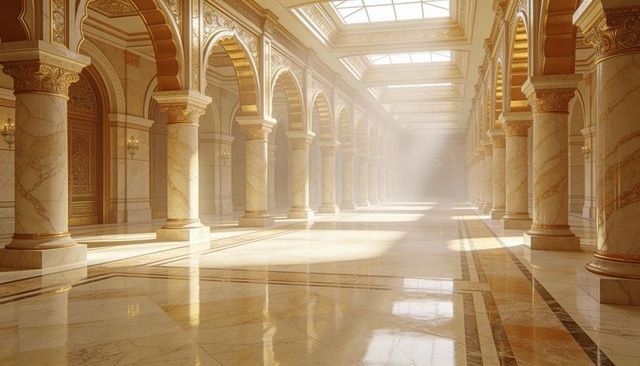 Sunlit marble colonnade leading through grand gilded palace hall with skylights