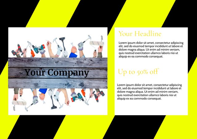 This template features a vibrant layout with yellow and black striped accents and a clean background. Perfect for promoting shoe sales in various outlets, whether online or brick-and-mortar. Includes areas for headline, discount information, and your company name, making it easy to personalize for immediate use.