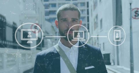Businessman in Urban Setting with Digital Data Overlay - Download Free Stock Images Pikwizard.com