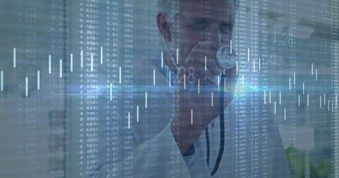 Doctor monitoring data with stethoscope on digital screen for healthcare analysis