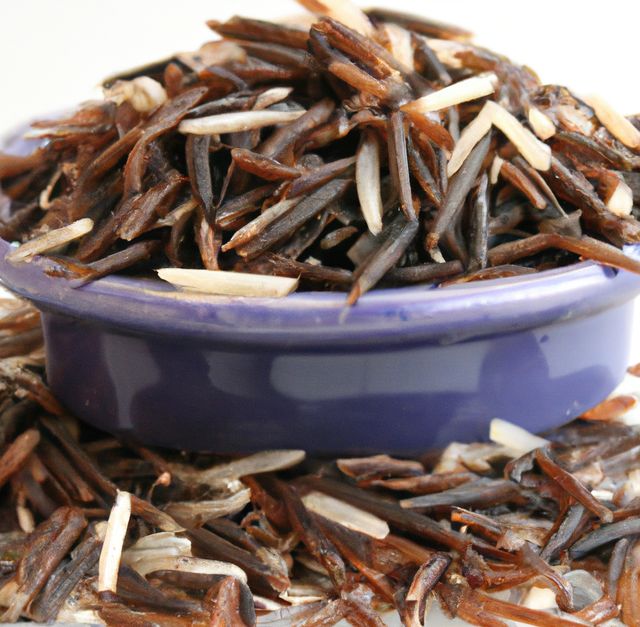 Image of close up of multiple grains of wild rice in bowl on white background. Food and wholesome ingredients concept.