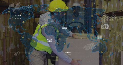 Warehouse Operator Managing Inventory with Digital Supply Chain Overlay