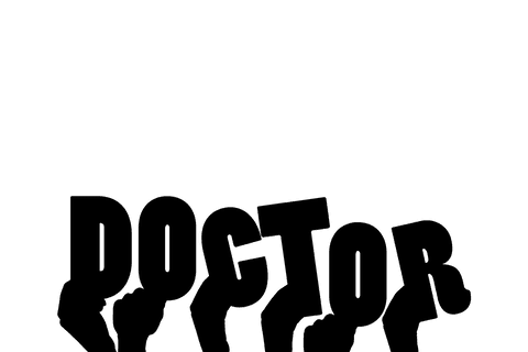 Graphic illustrating hands holding 'doctor' text transparent background