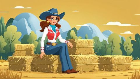 Stylish cowgirl sitting on hay bales with scenic mountain background