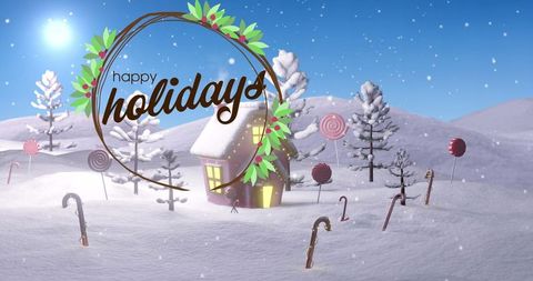 Festive happy holidays on snowy candy cane landscape