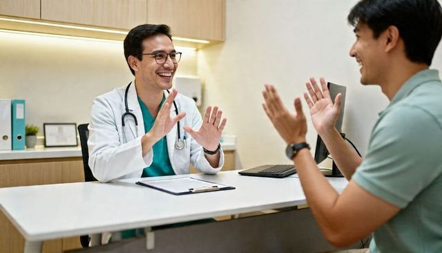 Smiling physician celebrating positive consultation with male patient in clinic office