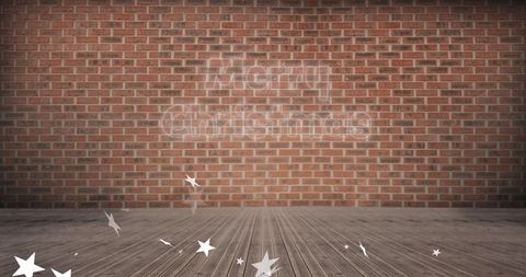 Merry Christmas Text with Falling Stars on Brick Wall