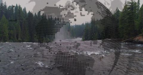 River rapids flowing amidst forest with globe overlay: nature and adventure concept
