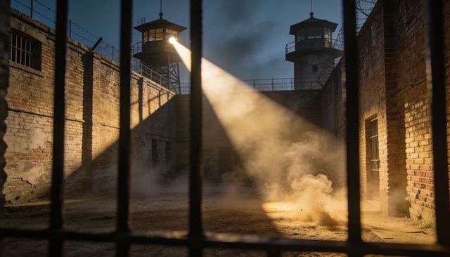 Searchlight cutting through night over prison yard revealing dust, bars, guard towers