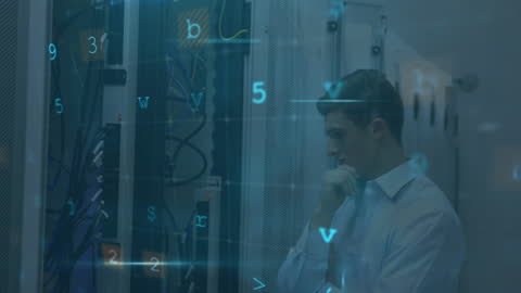 IT Technician Analyzing Servers in Data Center with Digital Interface