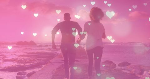 Romantic Couple Running Hold Hands on Beach Sunset