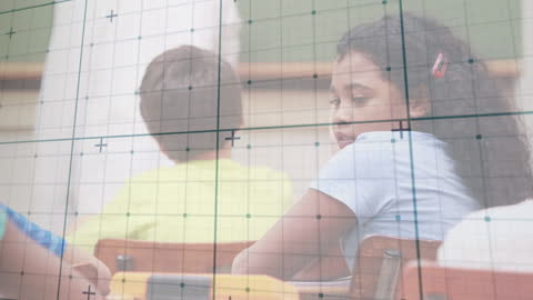 School Children Sitting at Desks with Abstract Grid Overlay