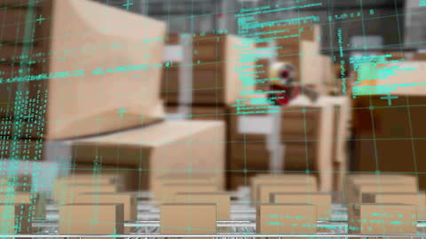 Digital Data Overlay Superimposed on Warehouse Robot Delivery