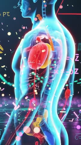 Vertical 3D Torso Rotating Revealing Heart Lungs Spine with Floating Math Formulas
