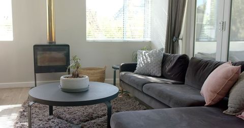 Cozy Modern Living Room with Gray Sofa and Decorative Features