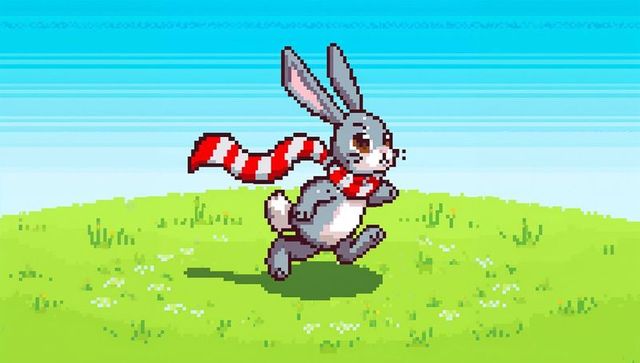 Running cute pixel rabbit with red-white scarf on green meadow, retro 8-bit game sprite
