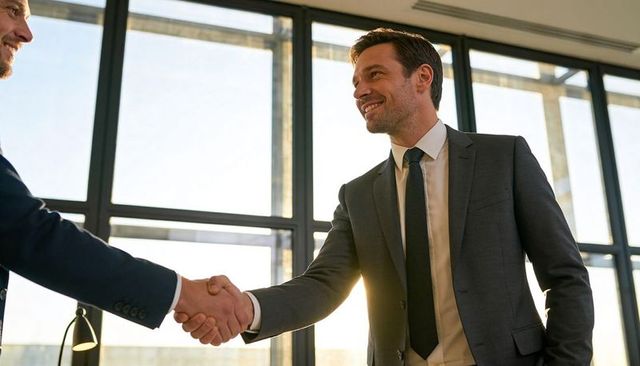 Business partners shaking hands in sunlit modern office window celebrating executive deal