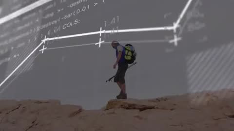 Hiker Traversing Rugged Ridge Amidst Digital Overlay Visualizing Adventure and Technology