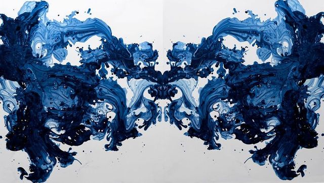Symmetrical indigo ink marbling on stretched panel, fluid art splash mirror, contemporary wall decor