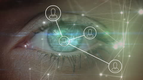 Close-up of Female Eye with Glowing Digital Network and Icons