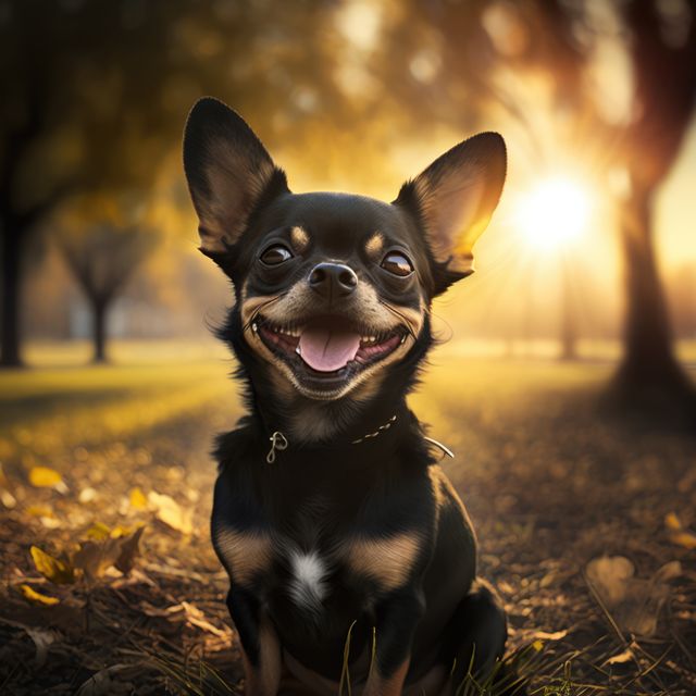 Close up of cute black chihuahua dog in field, created using generative ai technology. Dog and pet animal concept digitally generated image.