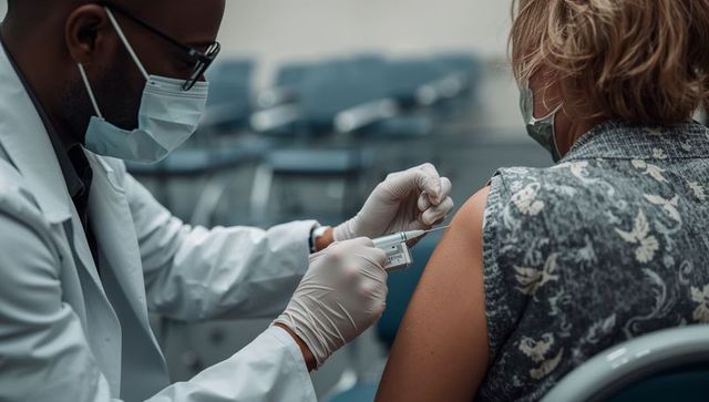 Clinician administering vaccine to seated adult during clinic immunization appointment