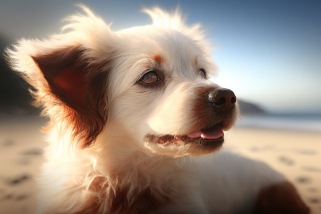 This captures a content dog, enjoying time on the sandy beach with the horizon in the background. It's perfect for use in advertisements, blog posts about pets or traveling, or canine lifestyle websites.