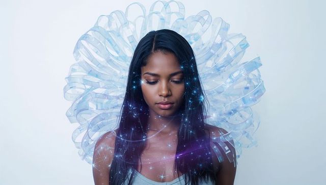 Contemplating woman wearing translucent halo with ethereal star light overlay
