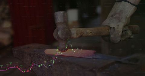 Blacksmith hammering hot metal with financial chart overlay