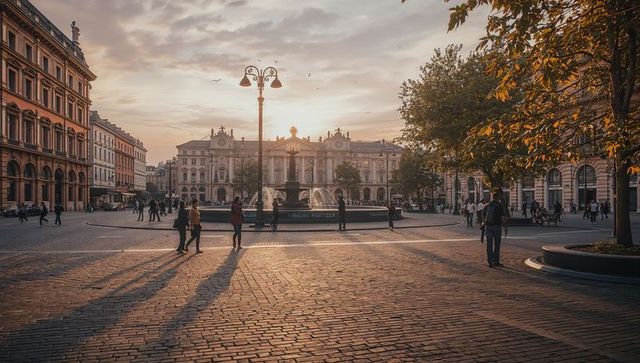 Golden-hour european plaza with ornate fountain, vintage streetlight and cobblestone square