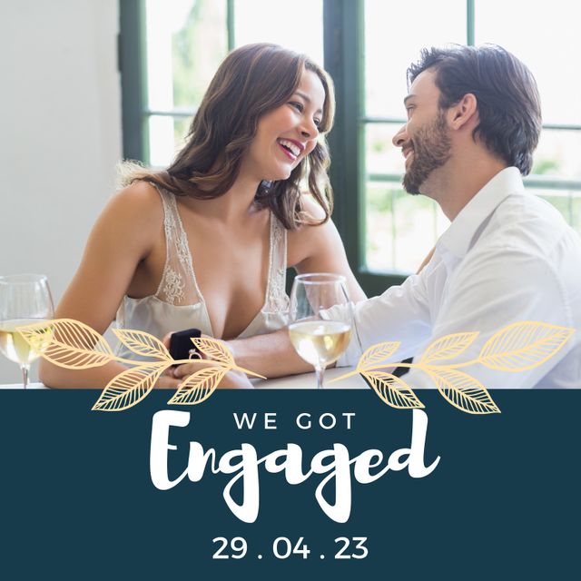 Perfect for engagement announcements, wedding invitations, or social media posts celebrating a couple's love and commitment. Ideal for websites, blogs, and promotional materials related to weddings, engagements, and love stories.