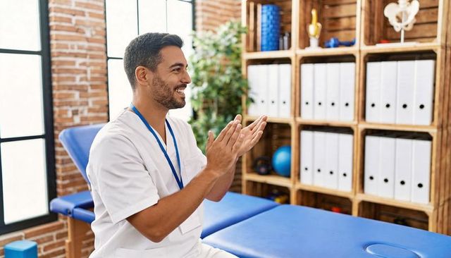 Smiling physiotherapist clapping on treatment table in bright rehabilitation therapy room