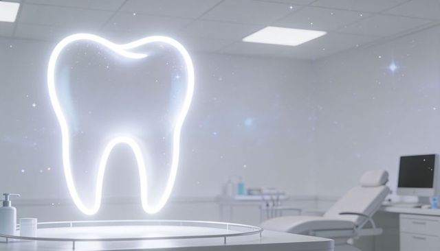 Glowing tooth hologram hovering over tray in futuristic sterile dental clinic