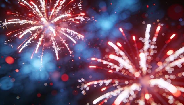 Vibrant red and blue fireworks exploding with sparkling trails and bokeh lights