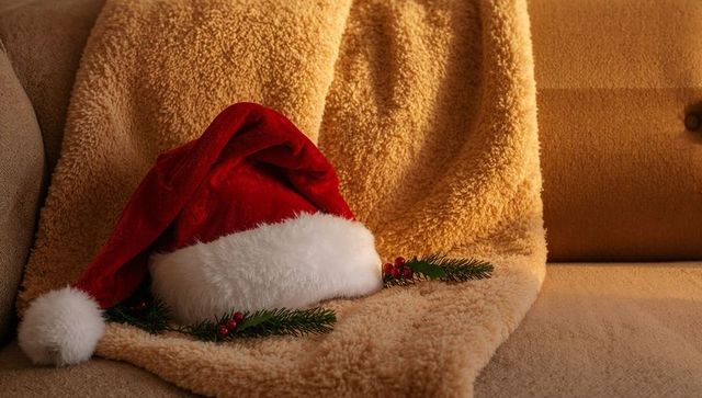 Red santa hat resting on sherpa throw creating cozy christmas decor on tan sofa