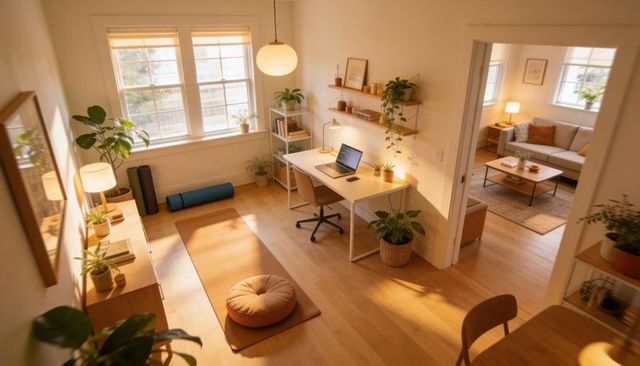 Sunlit minimalist home workspace with yoga mat and meditation cushion for remote work