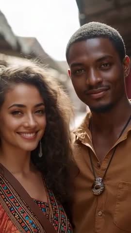 Vertical video smiling multicultural couple tilting into camera in sunlit alley close-up