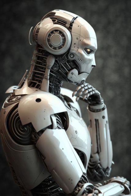 Futuristic android robot is deep in thought, showcasing advanced technology and cybernetic innovation. Great for content related to AI, robotics, futuristic concepts, technology advancements, and science fiction narratives. Can be used in articles, presentations, and visual content emphasizing technological progress and artificial intelligence.
