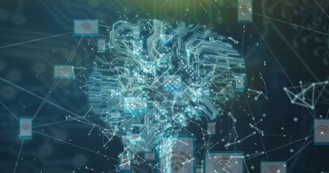 Digital Brain with Network and Tech Icons on Blue Background - Download Free Stock Images Pikwizard.com