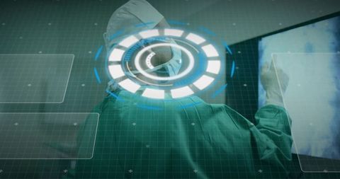 Futuristic Surgeon Analyzing Digital Scan Interface