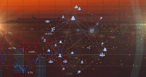 Digital Network Overlay with Cityscape Analytics at Dusk - Download Free Stock Images Pikwizard.com