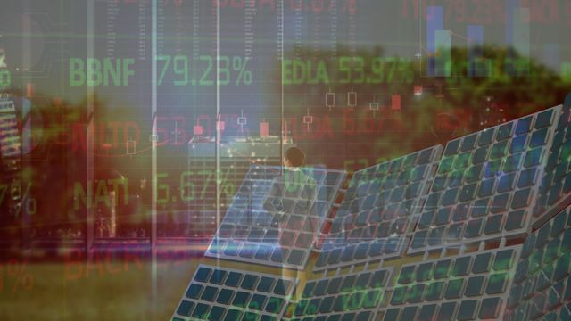 Combines financial market data and solar energy, showing the intersection of technology and sustainable investments. Could be used for topics on renewable energy investment, technological advancements in clean energy, and financial technology sectors. Perfect for illustrating modern economic trends, green investment opportunities, and promotion of sustainable business practices.