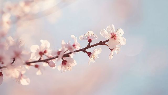 Delicate pink cherry blossoms on slender branch with soft pastel bokeh spring background