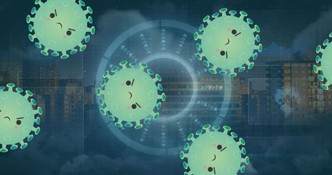 Covid-19 Cells with Futuristic Cityscape Overlay