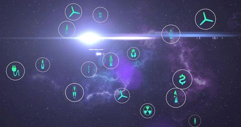 Holographic hud icons floating above cosmic nebula displaying energy, finance, recycling