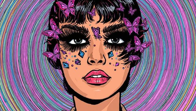 Pop-art portrait featuring neon butterflies, dramatic eyeliner and gem accents in psychedelic rings